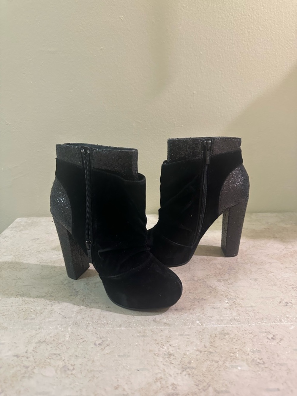 Women's Black Velvet Ankle Booties with Glitter Trim